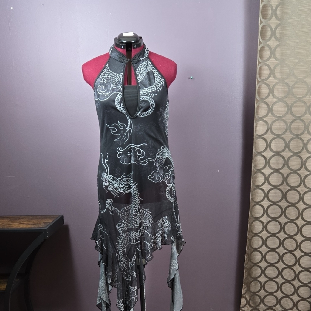 Black and Gray Dragon Print Halter Dress